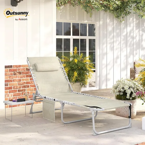 Miniatura 2 de Outsunny Silla bronceadora con agujero facial, mesa auxiliar, sillón reclinable plegable de 5 posiciones, tumbona reclinable, correas de transporte