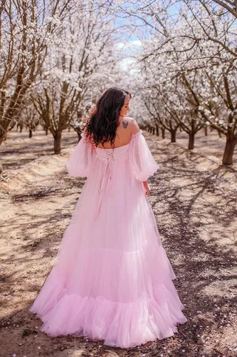 Miniatura 4 de Vestido de tul para baby shower, con volantes, vestido de maternidad para sesión de fotos, manga larga, vestidos de maternidad para sesión de fotos