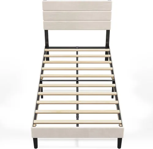 Miniatura 3 de WLIVE Base de cama tapizada, marcos de cama individual con cabecero, cama de plataforma con listones de madera, base de colchón de 600 libras,