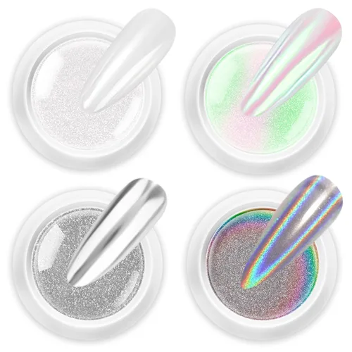 Miniatura 14 de Polvo de uñas 100% cromado BISHENGYF: Polvo cromado de efecto metálico súper NO.1 para uñas Oro Plata Blanco Laser Holográfico Blanco Perla Cromo A