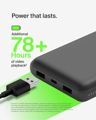 Miniatura 6 de Belkin Cargador Portátil, Batería Externa USB-C 20000 mAh con 2 Puertos USB-A, 15W con Cable Tipo-A a Tipo-C - iPhone 17, Air, Pro, Pro Max, Negro