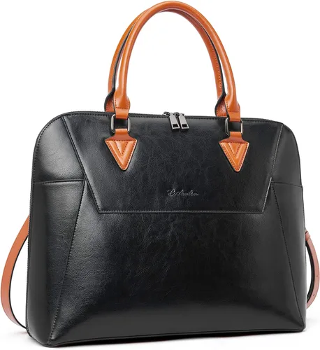BOSTANTEN Maletín de cuero para mujer de 15.6 pulgadas, bolso de hombro para laptop, oficina, trabajo, bolso cruzado B-negro y marrón