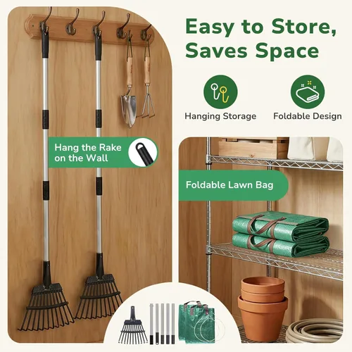Miniatura 9 de GreatBuddy Combo de rastrillo y bolsas de hojas para hojas, rastrillo de jardín de metal ajustable de 29 a 72 pulgadas, 11 dientes, paquete de 2
