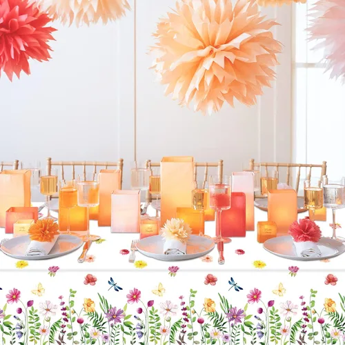 Miniatura 4 de 4 Pack de manteles florales de primavera con flores silvestres, mantel de plástico con flores de primavera, mantel desechable para decoración