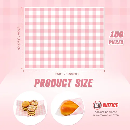 Miniatura 2 de Chivao 150 hojas de papel de cera de Pascua para comida de 9.8 x 8.3 pulgadas, papel de delicatessen a cuadros rosados, desechable, a prueba