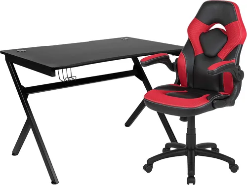 Miniatura 76 de Flash Furniture Juego de escritorio para juegos negro y silla de carreras blanco/negro con soporte para tazas, gancho para auriculares y soporte