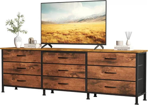 DUMOS Soportes de TV para muebles de sala de estar con 9 cajones de tela, centro de entretenimiento largo de hasta 75 pulgadas, mesa consola