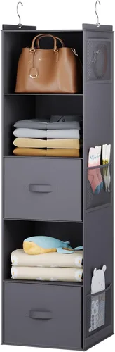 Miniatura 7 de YOUDENOVA Organizador colgante de armario, estantes colgantes de armario de 5 niveles con 6 bolsillos laterales y 2 cajones, color gris