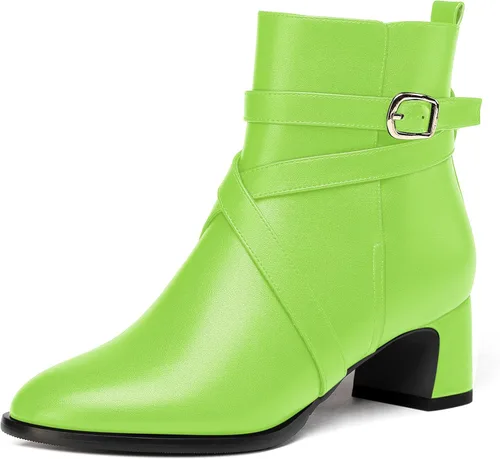 Miniatura 23 de WAYDERNS Botas altas de tobillo con hebilla casual para mujer, con correa de tobillo sólida mate, tacón bajo y grueso, 2 pulgadas