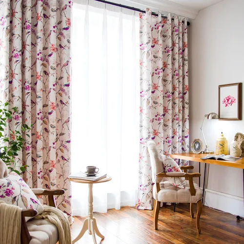 VOGOL Cortinas de dormitorio con estampado de pájaros, paneles de ventana con ojales florales que oscurecen la habitación, cortinas de lino Morado