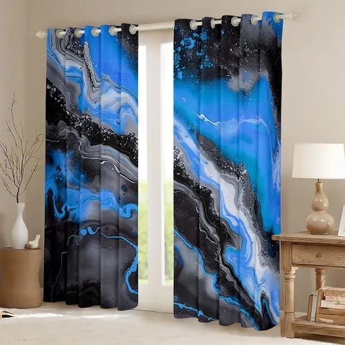 Miniatura 2 de Feelyou Cortinas abstractas para dormitorio, sala de estar, cortinas opacas de oscurecimiento negro y azul, con estampado de mármol, 2 paneles de 38