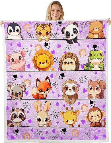 Miniatura 30 de Manta de franela de animales de dibujos animados para todas las estaciones, manta de cama azul con estampado de amor Kawaii para decoración
