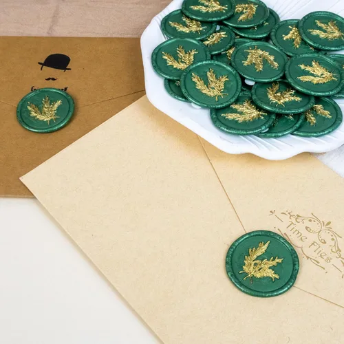 Miniatura 5 de 25 calcomanías de sello de cera doradas y verdes - Sellos de sobre hechos a mano, calcomanías de cera autoadhesivas para invitaciones de fiesta