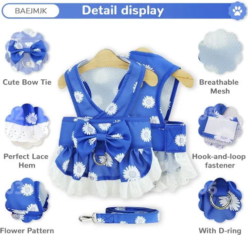 Miniatura 5 de BAEJMJK Juego de arnés y correa para perros pequeños, vestido de cachorro con lazo floral para niña, transpirable, lindo vestido de princesa