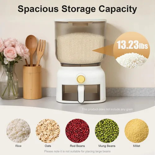 Miniatura 2 de Dispensador de arroz de 13.2 lbs, contenedor grande de almacenamiento de granos sellados con taza de arroz, dispensador de alimentos, organizador