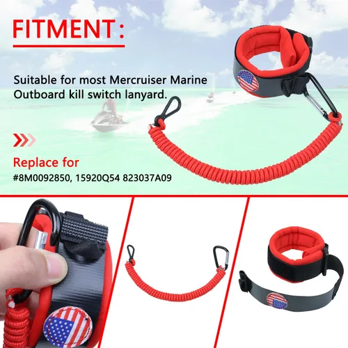 Miniatura 2 de Boat Kill Switch Lanyards Wrist Strap, Jet Ski Key Lanyard Fit for Mercruiser Marine Outboard Rojo