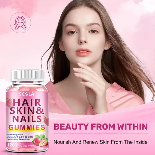 Miniatura 6 de SCOLA Gomitas para el cabello, la piel y las uñas, biotina (10,000 mcg) Suplemento vitamínico para el cabello, la piel y las uñas, para mujeres