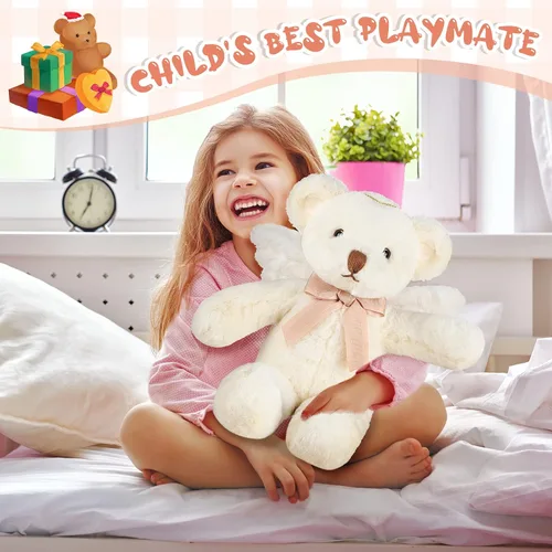 Miniatura 5 de Sratte Oso de ángel de peluche de 16 pulgadas con alas y lazo suave y lindo juguete de peluche para niños y niñas, cumpleaños, baby shower, bautizo