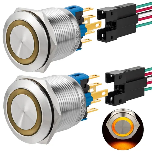 Miniatura 16 de 2 interruptores de botón de cierre de 0.866 in, 7/8 pulgadas, 110 V-120 V, SPDT, interruptor de encendido y apagado, impermeable, IP67, acero Azul