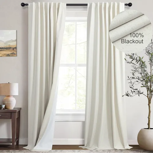 Cortinas opacas de lino natural de 84 pulgadas de largo, 2 paneles para dormitorio, sala de estar, oscurecimiento 100% blackout, color marfil, crema