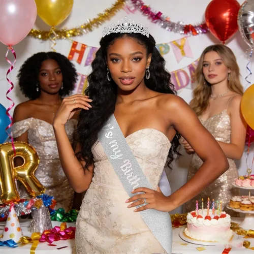 Miniatura 2 de YISSION Juego de tiara y banda de cumpleaños con diamantes de imitación plateados, banda con purpurina con corona de cristal para mujer