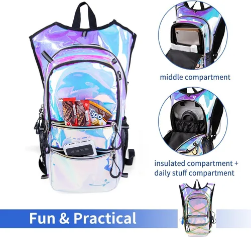 Miniatura 5 de Mochila de hidratación con luces frías, bolsa de agua de 2 L, bolsa ligera para correr, senderismo, bicicleta, escalada, festival de música esencial