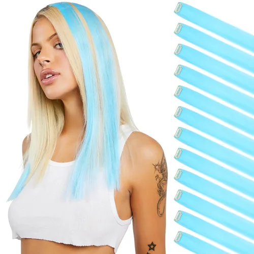 FELENDY 12 extensiones de cabello con clip de color, lacio, ondulado, sintético, para mujer, color azul