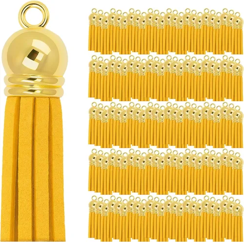 Miniatura 69 de Mandala Crafts 100 borlas de gamuza sintética color aguamarina con tapa dorada, suministros para hacer llaveros a granel, pequeñas borlas de cuero