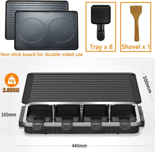 Miniatura 5 de Parrilla de barbacoa coreana 2 en 1, parrilla eléctrica antiadherente Raclette con 8 sartenes de raclette, temperatura ajustable de 1300 W