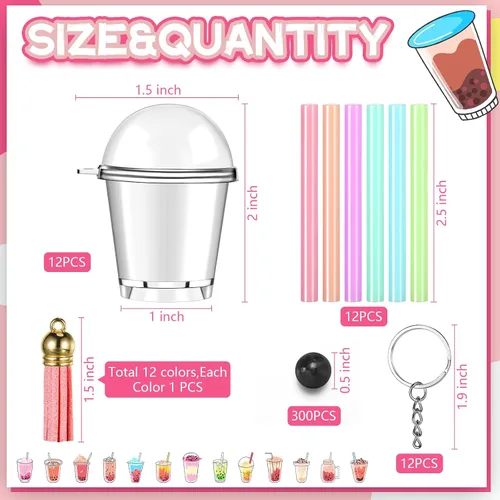 Miniatura 2 de Cunno 348 piezas de mini llaveros de té lechoso, accesorios de pegamento de té de burbujas, incluye anillos para llavero, mini taza, colgante