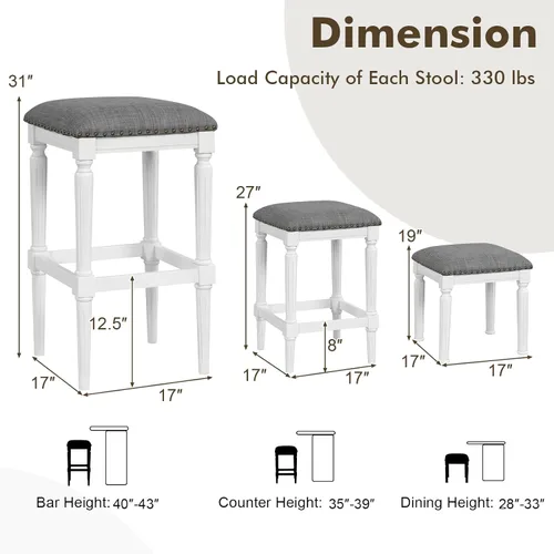 Miniatura 3 de COSTWAY Juego de 2 taburetes de bar tapizados, 31"/27"/19", 3 alturas, ajustables, cuadradas, sin espalda, con reposapiés, asientos acolchados