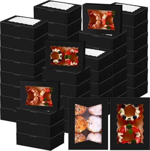 Miniatura 8 de TaoBary 100 piezas Cajas de panadería de 8 pulgadas 8 x 6 x 2.5 pulgadas Cajas de galletas y pasteles con 2 estilos de ventana para galletas, Negro
