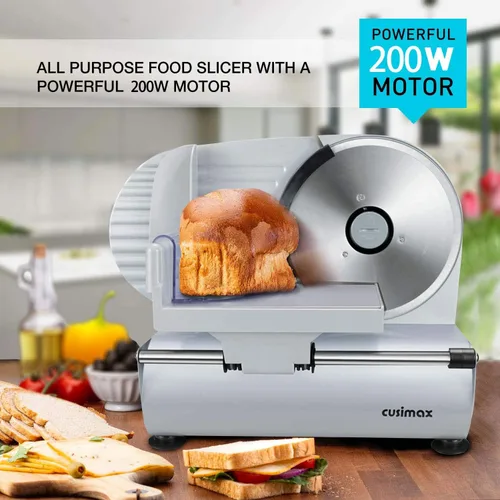 Miniatura 2 de Rebanadora de Carne, CUSIMAX Rebanadora Eléctrica de Delicatessen con Dos Cuchillas Extraíbles de Acero Inoxidable de 7.5" y Empujador, Cortador