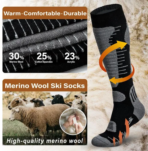 Miniatura 2 de Calcetines de esquí de lana merino para hombre y mujer, 2 pares para esquí, snowboard, térmicos hasta la rodilla, calcetines de rendimiento