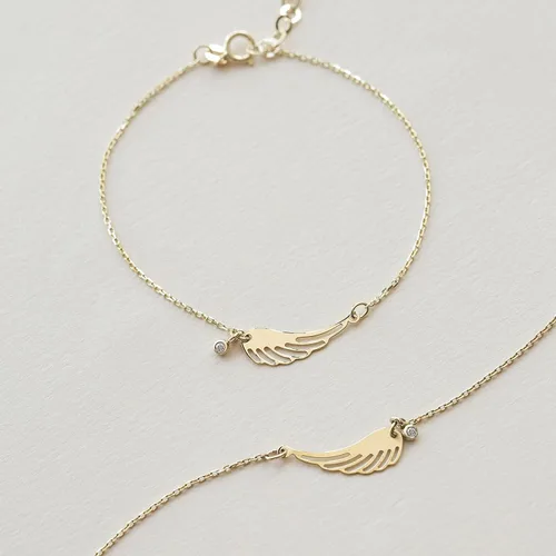 Miniatura 4 de Pulsera de ala de ángel de diamantes para mujer, pulseras con dije de ala de oro real de 14 quilates, pulseras delicadas de oro macizo de 14