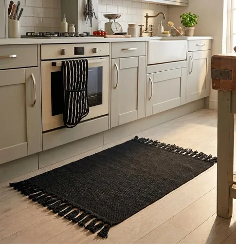 Miniatura 9 de Seavish Alfombras de cocina negras, alfombra de baño lavable de 2 x 4, alfombra de algodón reciclado, alfombras bohemias con borlas, alfombra