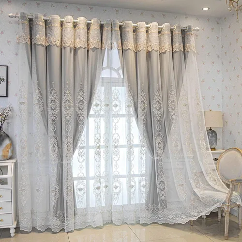 Miniatura 8 de Cortinas de oscurecimiento de habitación de doble capa con superposición transparente bordada para dormitorio, cortinas con ojales, cenefa adjunta