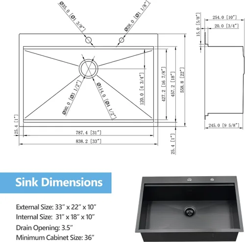 Miniatura 4 de Scamall - Fregadero de cocina con estación de trabajo, 33 x 22 x 10 pulgadas, fregadero de cocina negro 304 de acero inoxidable 304 con montaje