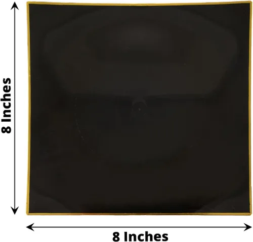 Miniatura 3 de Tableclothsfactory Paquete de 10 platos llanos cuadrados cóncavos de plástico duro de 8 pulgadas negro/dorado, platos desechables para fiestas