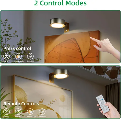 Miniatura 4 de Paquete de 2 luces inalámbricas para cuadros de pared, luz para cuadros recargable que funciona con batería con control remoto, luz regulable