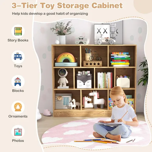 Miniatura 4 de HONEY JOY Organizador de almacenamiento de juguetes para niños, gabinete de almacenamiento de piso de madera de 10 secciones, baúl de juguetes