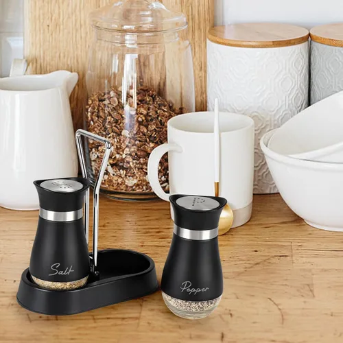 Miniatura 8 de Accmor Juego de saleros y pimenteros con soporte, recipientes de acero inoxidable de 4 onzas con fondo de vidrio para cocina, barbacoa, bar, mesa