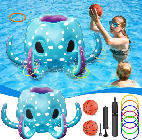 Miniatura 7 de iPlay, iLearn Juguetes de piscina de pulpo para niños, juego inflable 2 en 1 para piscina, juego de aro de baloncesto y lanzamiento de anillo, juego