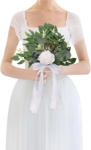Ramos de boda de rosas blancas para novia y dama de honor, tela de alta calidad, arreglos florales de eucalipto para boda, adecuados para despedida