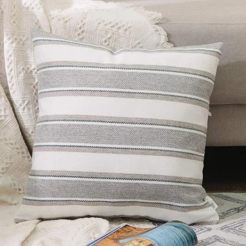 Miniatura 18 de Funda de cojín a rayas de lino suave tipo lino cuadrado decorativo con cremallera oculta para sofá, cama, sofá cama, sala de estar, 35,6 x 35,6 cm