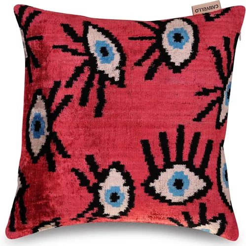 Almohada decorativa hecha a mano con relleno de plumón, rosa rojo turquesa, mal de ojo, buena suerte, terciopelo, funda de cojín lumbar de seda para