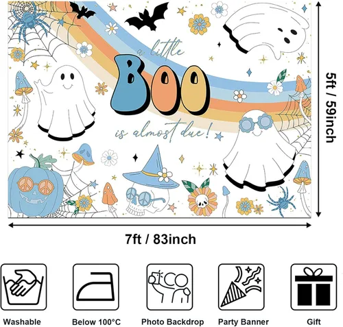 Miniatura 4 de Avezano Little Boo - Telón de fondo para baby shower, para niños, diseño hippie, para fiesta de Halloween, fantasma azul, Hey Boo, 7 x 5 pies