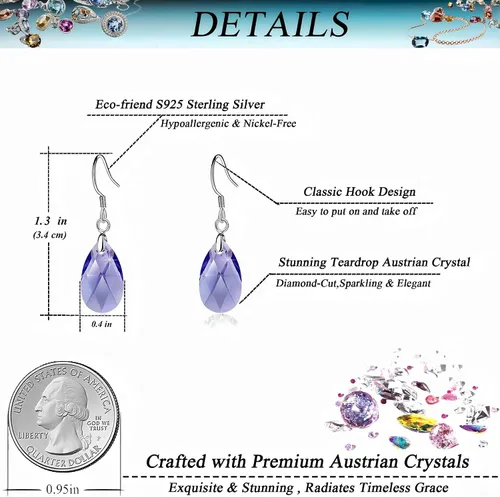 Miniatura 77 de Aretes colgantes de cristal austriaco con forma de lágrima para mujer, joyería hipoalergénica de plata de ley 925
