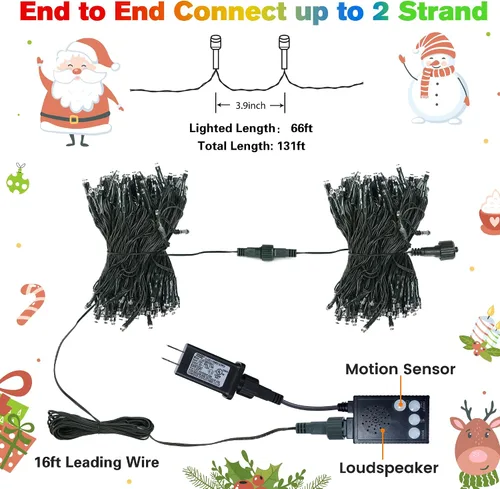Miniatura 7 de Toodour - Luces LED de Navidad para exteriores, 131 pies, 350 luces LED para interiores con música, sensor de movimiento, luces de árbol de Navidad