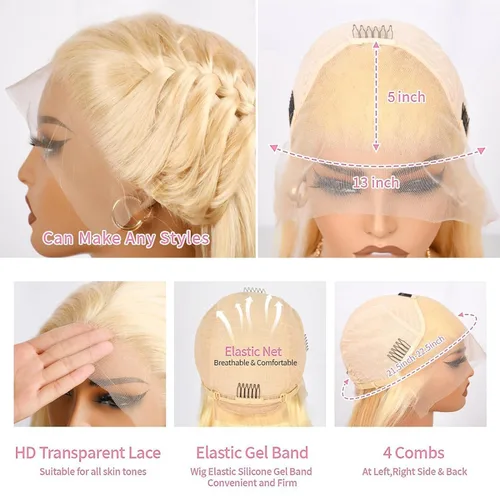 Miniatura 4 de Myecool Peluca de cabello humano con encaje frontal 613 de 26 pulgadas, 13 x 5, lacio, 613 HD, encaje frontal, cabello humano prearrancado, nudos